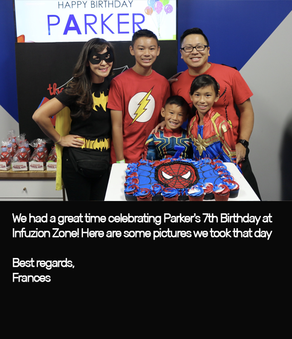 A family celebrates Parker's 7th birthday with themed cake and smiles.